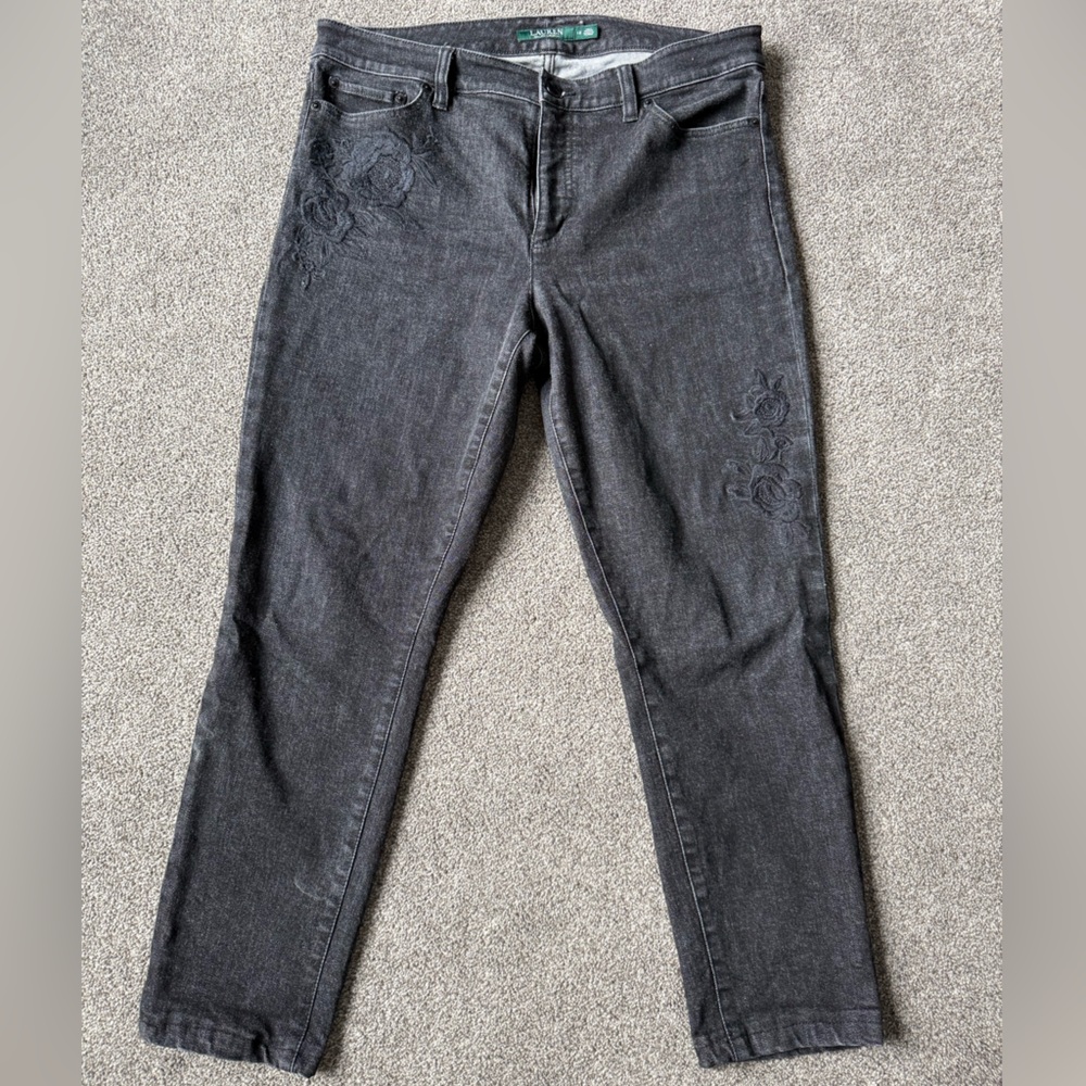 Ralph Lauren Black Skinny Jeans with Tonal Floral Embroidery